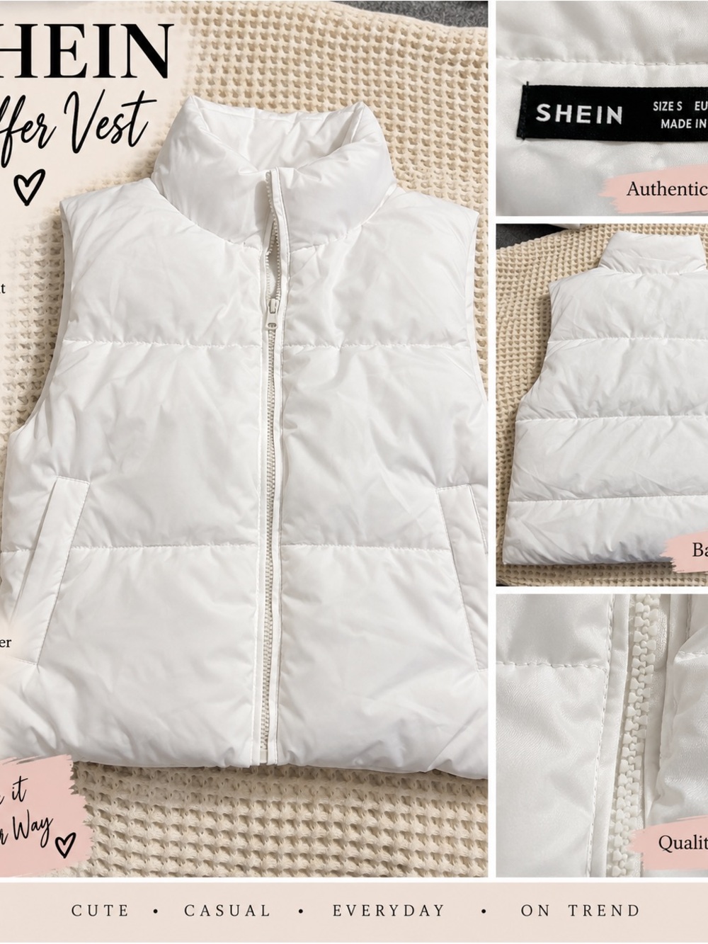 SHEIN White Quilted Puffer Vest with Stand Collar